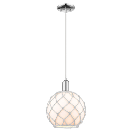 Innovations Farmhouse Rope 10in 1-Light Mini Pendant | Industrial Polished Chrome Steel and White Glass with Rope | Kitchen | Model 716-1P-PC-G121-10RW