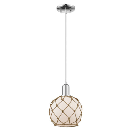 Innovations Farmhouse Rope 8in 1-Light Mini Pendant | Industrial Polished Chrome and White Frosted Glass with Brown Rope | Model 716-1P-PC-G121-8RB