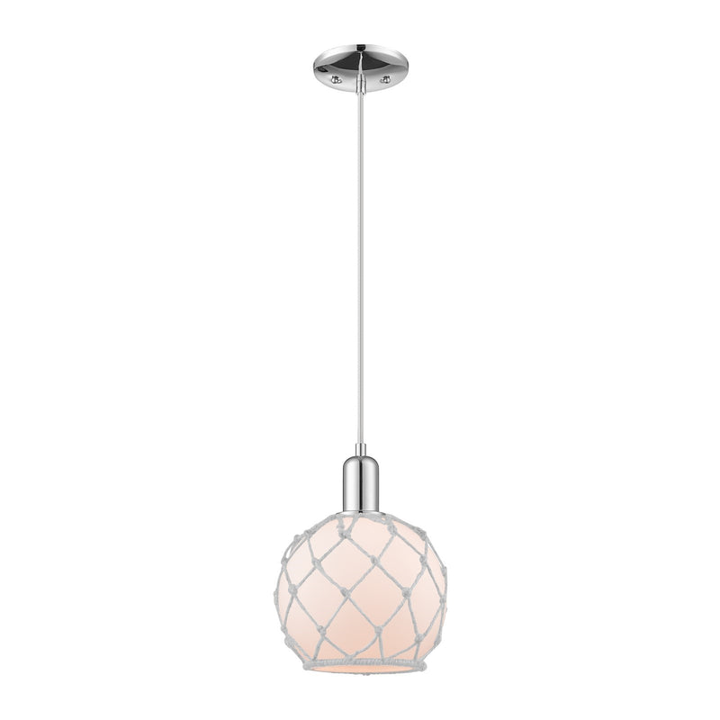 Innovations Farmhouse Rope 8in 1-Light Mini Pendant | Industrial Polished Chrome and White Frosted Glass with Rope | Kitchen | Model 716-1P-PC-G121-8RW