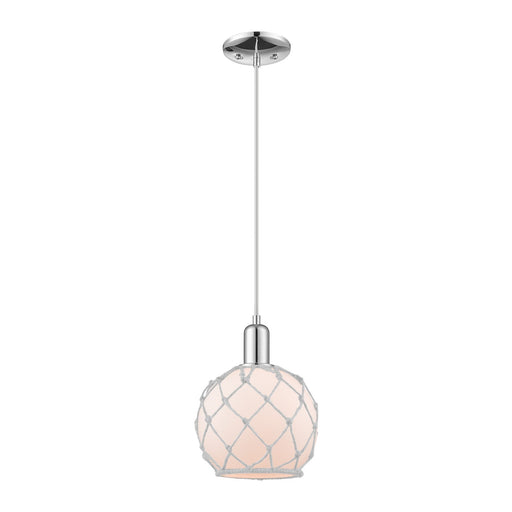 Innovations Farmhouse Rope 8in 1-Light Mini Pendant | Industrial Polished Chrome and White Frosted Glass with Rope | Kitchen | Model 716-1P-PC-G121-8RW