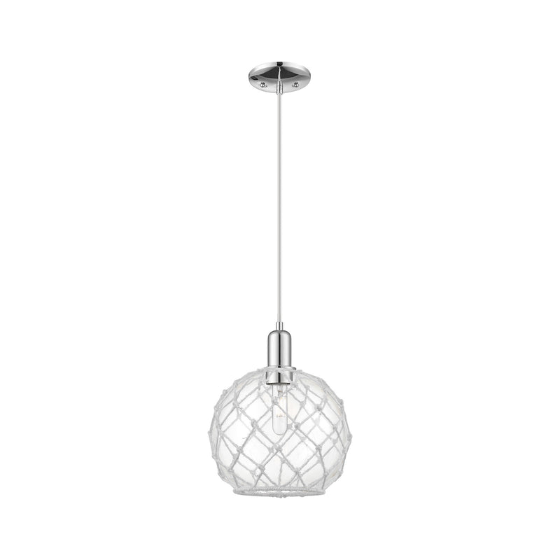 Innovations Farmhouse Rope 10in 1-Light Mini Pendant | Industrial Polished Chrome Steel and Clear Glass with White Rope | Model 716-1P-PC-G122-10RW