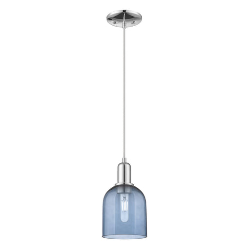 Innovations Bella 6in 1-Light Mini Pendant | Industrial Polished Chrome and Blue Glass | Kitchen Island & Dining Room | Damp | Model 716-1P-PC-G558-6BL