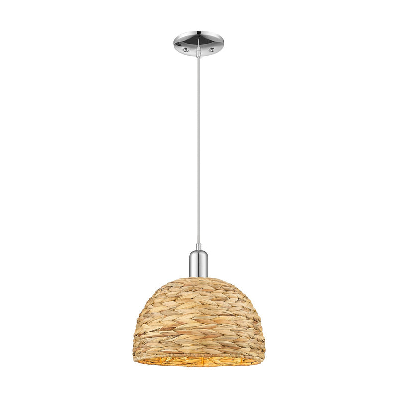 Innovations Woven Rattan 12in 1-Light Mini Pendant | Industrial Polished Chrome and Natural Rattan | Kitchen Island & Dining | Model 716-1P-PC-RBD-12-NAT