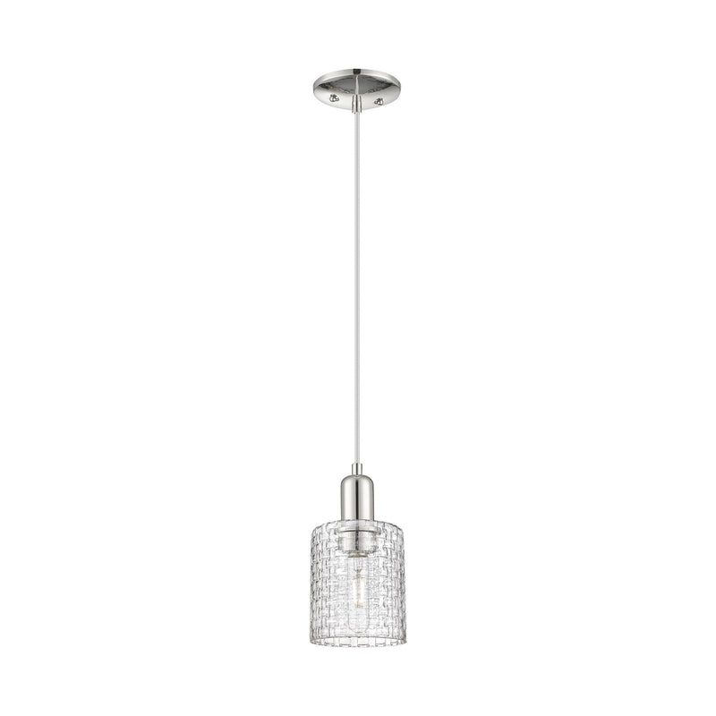 Innovations Cobbleskill 5in 1-Light Mini Pendant | Industrial Polished Nickel Steel and Clear Basket Weave Glass | Kitchen | Model 716-1P-PN-G112C-5CL