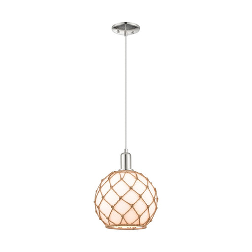 Innovations Farmhouse Rope 10in 1-Light Mini Pendant | Industrial Polished Nickel and Matte White Glass with Brown Rope | Model 716-1P-PN-G121-10RB