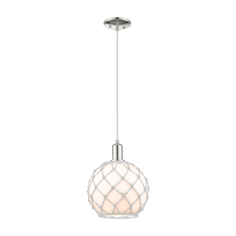 Innovations Farmhouse Rope 10in 1-Light Mini Pendant | Industrial Polished Nickel and White Glass with Rope | Kitchen Island & | Model 716-1P-PN-G121-10RW
