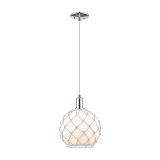 Innovations Farmhouse Rope 10in 1-Light Mini Pendant | Industrial Polished Nickel and White Glass with Rope | Kitchen Island & | Model 716-1P-PN-G121-10RW
