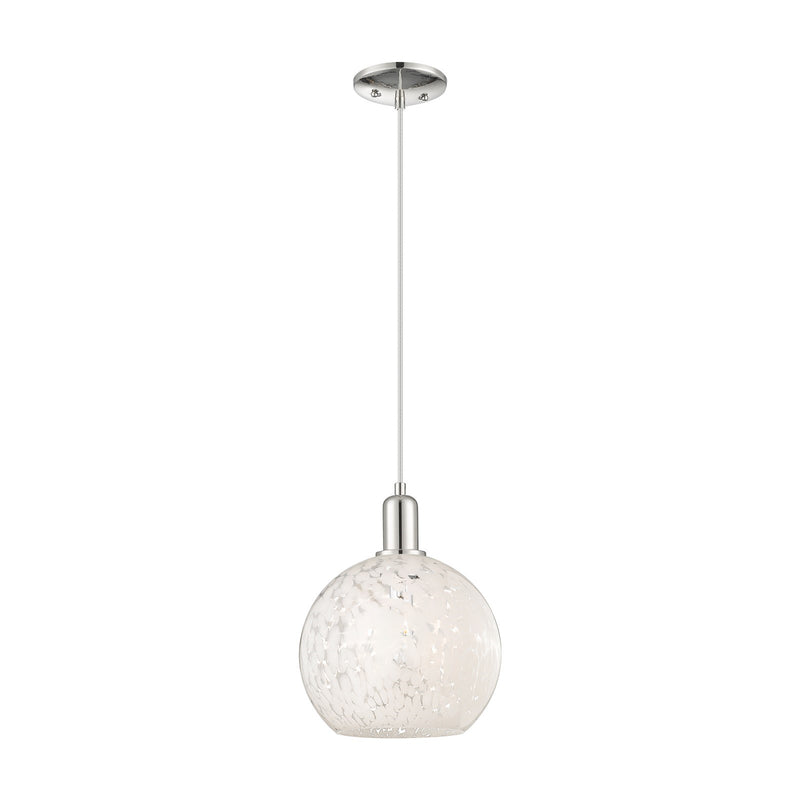 Innovations Lighting White Mouchette 10in 1-Light Mini Pendant | Industrial Polished Nickel and White Mouchette Glass | Model 716-1P-PN-G1216-10WM