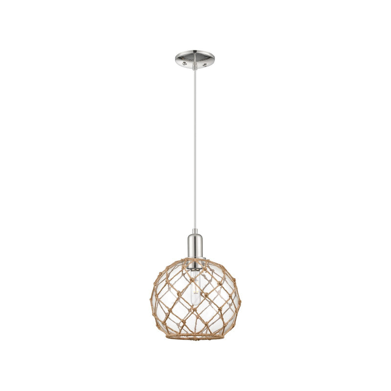 Innovations Farmhouse Rope 10in 1-Light Mini Pendant | Industrial Polished Nickel Steel and Clear Glass with Brown Rope | Model 716-1P-PN-G122-10RB