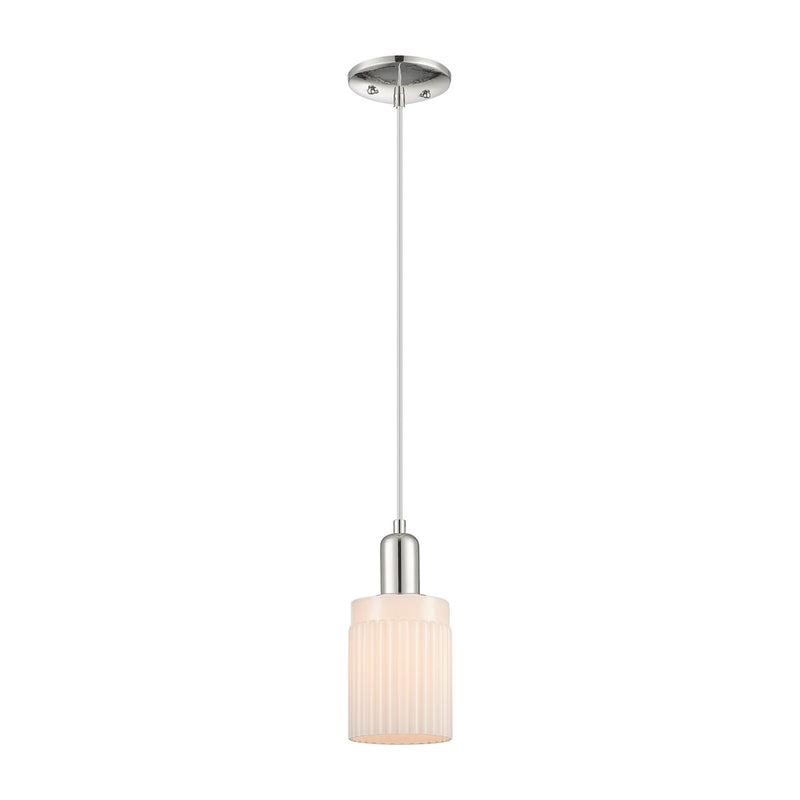 Innovations Hadley 1-Light 4.5in Mini Pendant | Industrial Polished Nickel and Matte White Ribbed Glass | Kitchen Island & Dining | Model 716-1P-PN-G341