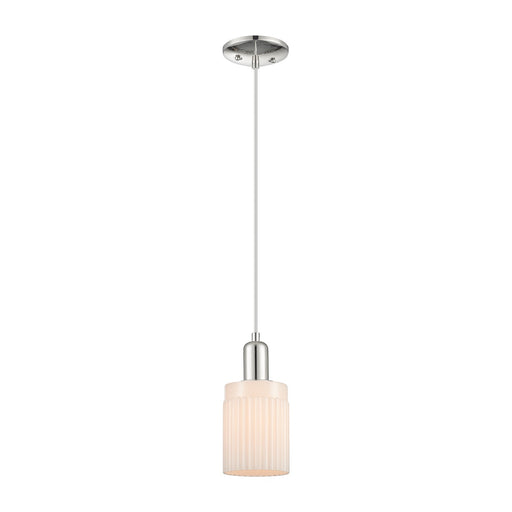 Innovations Hadley 1-Light 4.5in Mini Pendant | Industrial Polished Nickel and Matte White Ribbed Glass | Kitchen Island & Dining | Model 716-1P-PN-G341