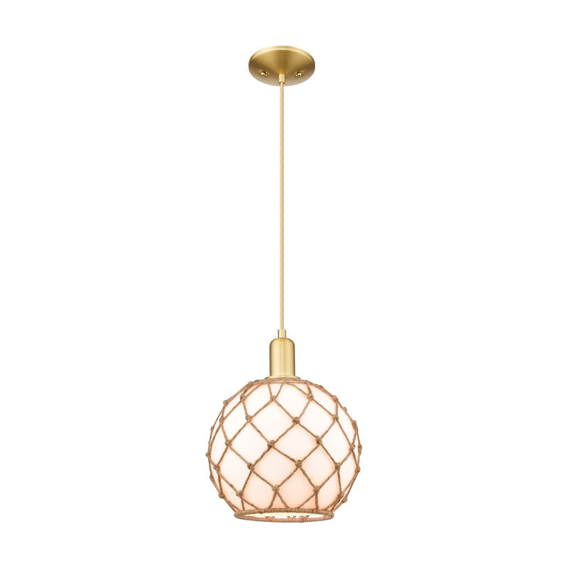 Innovations Farmhouse Rope 10in 1-Light Mini Pendant | Industrial Satin Gold Steel and Matte White Glass with Brown Rope | Model 716-1P-SG-G121-10RB