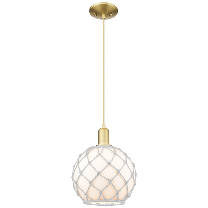 Innovations Farmhouse Rope 10in 1-Light Mini Pendant | Industrial Satin Gold Steel and White Glass with Rope | Kitchen Island | Model 716-1P-SG-G121-10RW