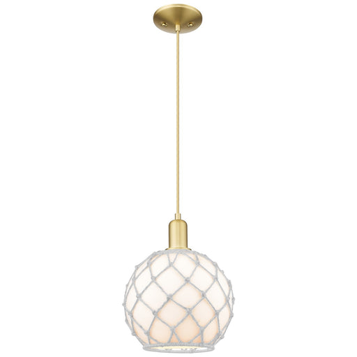 Innovations Farmhouse Rope 10in 1-Light Mini Pendant | Industrial Satin Gold Steel and White Glass with Rope | Kitchen Island | Model 716-1P-SG-G121-10RW