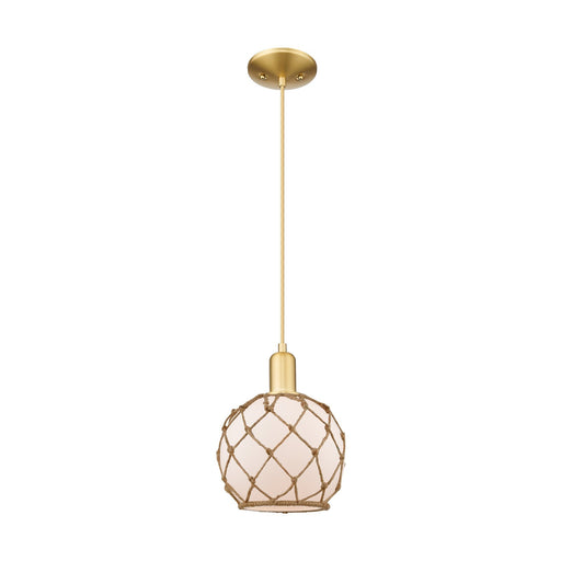 Innovations Farmhouse Rope 8in 1-Light Mini Pendant | Industrial Satin Gold Steel and White Frosted Glass with Brown Rope | Model 716-1P-SG-G121-8RB
