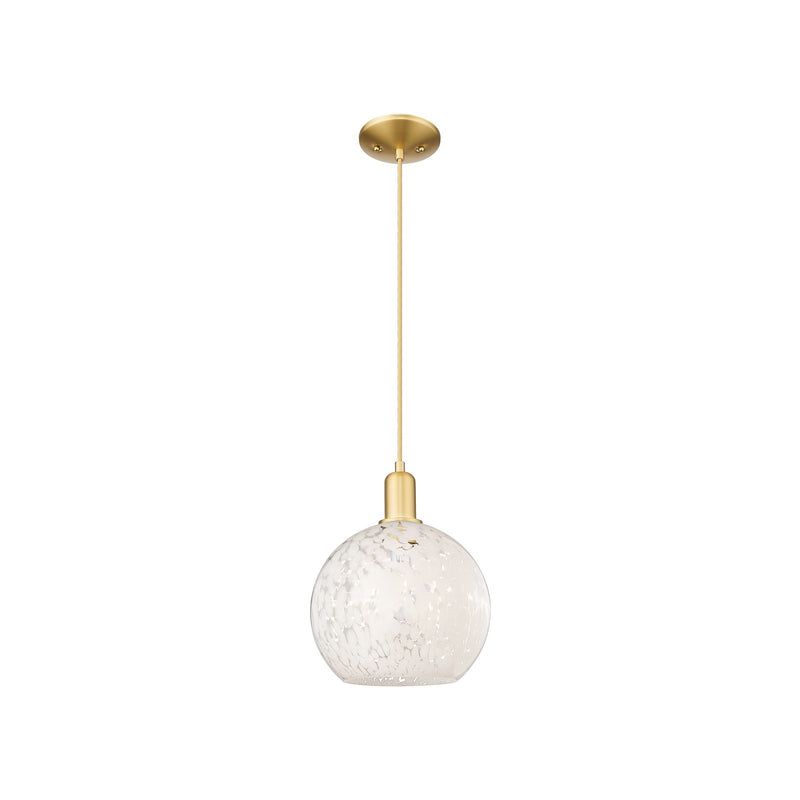 Innovations Lighting White Mouchette 10in 1-Light Mini Pendant | Industrial Satin Gold Steel and Cast Brass with White | Model 716-1P-SG-G1216-10WM