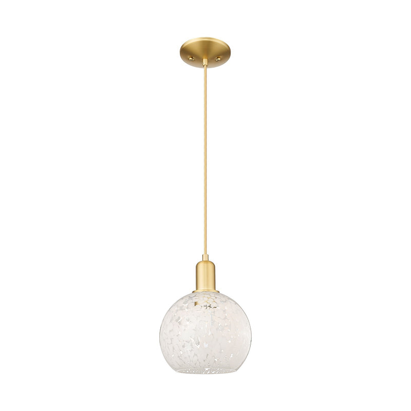 Innovations Lighting White Mouchette 8in 1-Light Mini Pendant | Industrial Satin Gold Steel and White Mouchette Glass | Model 716-1P-SG-G1216-8WM