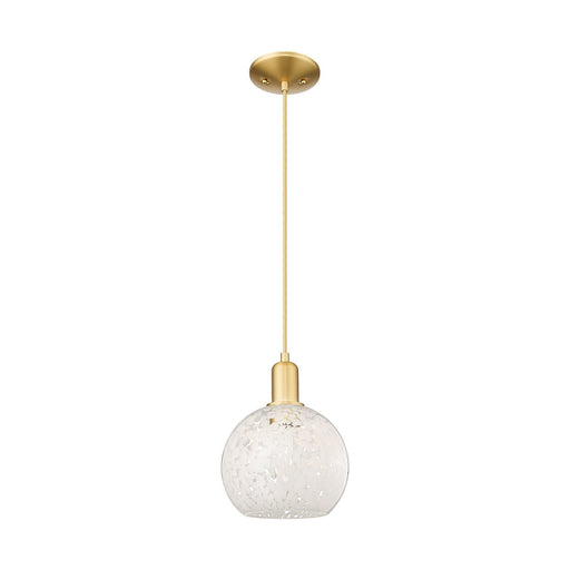 Innovations Lighting White Mouchette 8in 1-Light Mini Pendant | Industrial Satin Gold Steel and White Mouchette Glass | Model 716-1P-SG-G1216-8WM