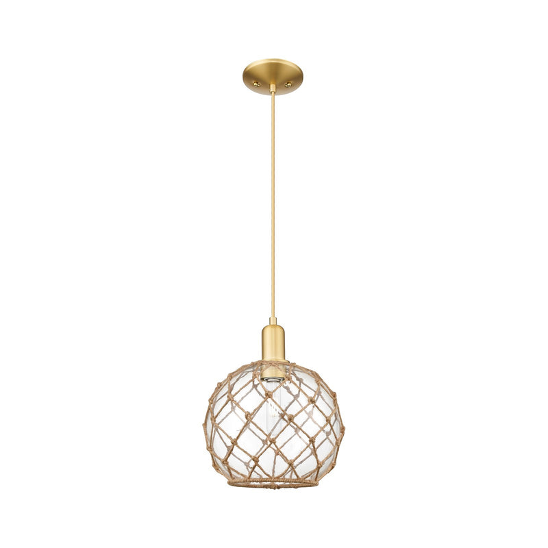 Innovations Farmhouse Rope 10in 1-Light Mini Pendant | Industrial Satin Gold Steel and Clear Glass with Brown Rope | Kitchen | Model 716-1P-SG-G122-10RB