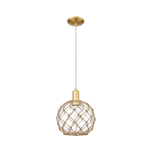 Innovations Farmhouse Rope 10in 1-Light Mini Pendant | Industrial Satin Gold Steel and Clear Glass with Brown Rope | Kitchen | Model 716-1P-SG-G122-10RB