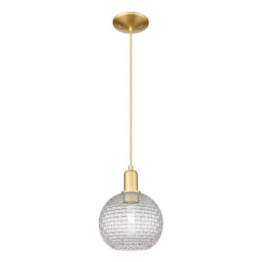 Innovations Athens 8in 1-Light Mini Pendant | Industrial Satin Gold Steel and Clear Basket Weave Glass | Kitchen Island & | Model 716-1P-SG-G122C-8CL