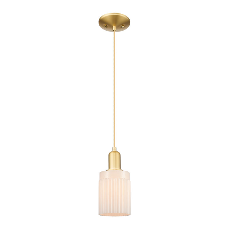 Innovations Hadley 4.5in 1-Light Mini Pendant | Industrial Satin Gold Steel and Matte White Ribbed Glass | Kitchen Island & Dining | Model 716-1P-SG-G341