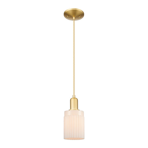 Innovations Hadley 4.5in 1-Light Mini Pendant | Industrial Satin Gold Steel and Matte White Ribbed Glass | Kitchen Island & Dining | Model 716-1P-SG-G341