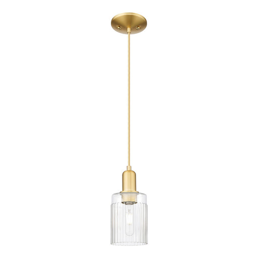 Innovations Hadley 1-Light Mini Pendant | Industrial Satin Gold Steel and Clear Ribbed Glass | Kitchen Island & Dining Room | 4.5 x | Model 716-1P-SG-G342