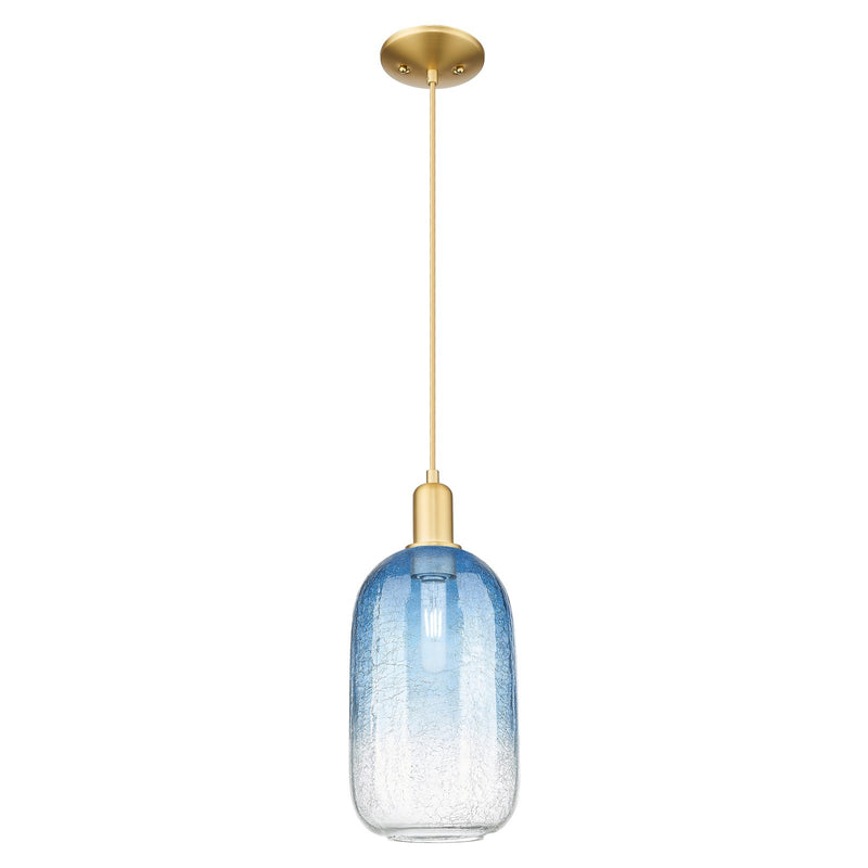 Innovations Brookhaven Cloche 7in 1-Light Mini Pendant | Industrial Satin Gold Steel and Sapphire Blue Glass | Kitchen Island & | Model 716-1P-SG-G482-7SB