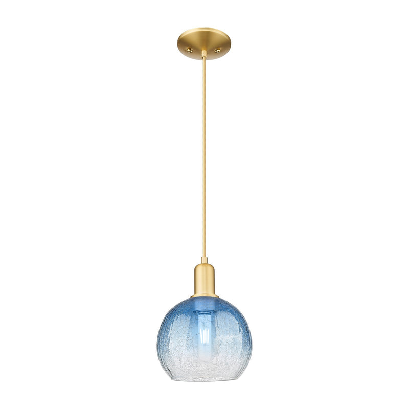 Innovations Brookhaven Globe 8in 1-Light Mini Pendant | Industrial Satin Gold Steel and Sapphire Blue Glass | Kitchen Island & | Model 716-1P-SG-G483-8SB