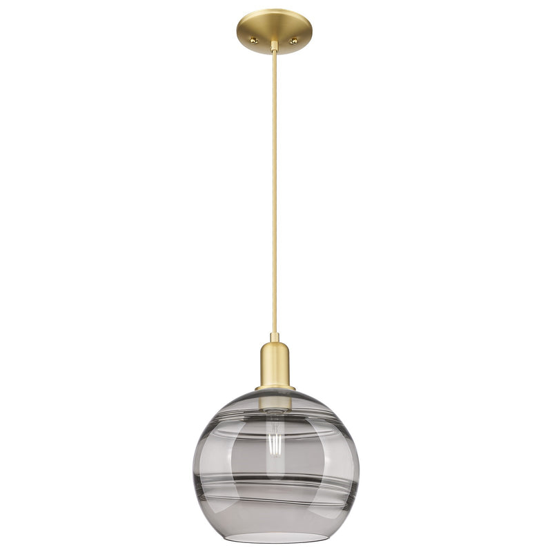 Innovations Rochester 10in 1-Light Mini Pendant | Industrial Satin Gold Steel and Cast Brass with Light Smoke Glass | Kitchen | Model 716-1P-SG-G556-10SM