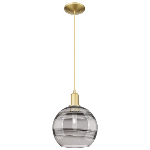 Innovations Rochester 10in 1-Light Mini Pendant | Industrial Satin Gold Steel and Cast Brass with Light Smoke Glass | Kitchen | Model 716-1P-SG-G556-10SM