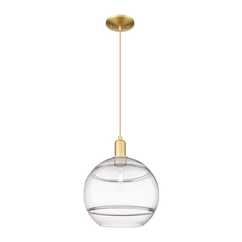 Innovations Rochester 12in 1-Light Mini Pendant | Industrial Satin Gold Steel and Clear Glass | Kitchen Island & Dining Room | Model 716-1P-SG-G556-12CL