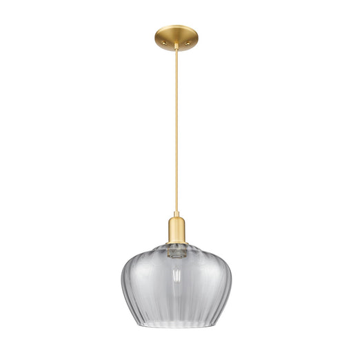 Innovations Fenton 11in 1-Light Mini Pendant | Industrial Satin Gold Steel and Light Smoke Ribbed Glass | Kitchen Island & Dining | Model 716-1P-SG-G93-L