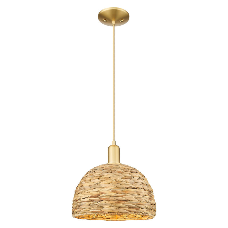 Innovations Woven Rattan 12in 1-Light Mini Pendant | Industrial Satin Gold Steel and Natural Fiber Shade | Kitchen Island & | Model 716-1P-SG-RBD-12-NAT