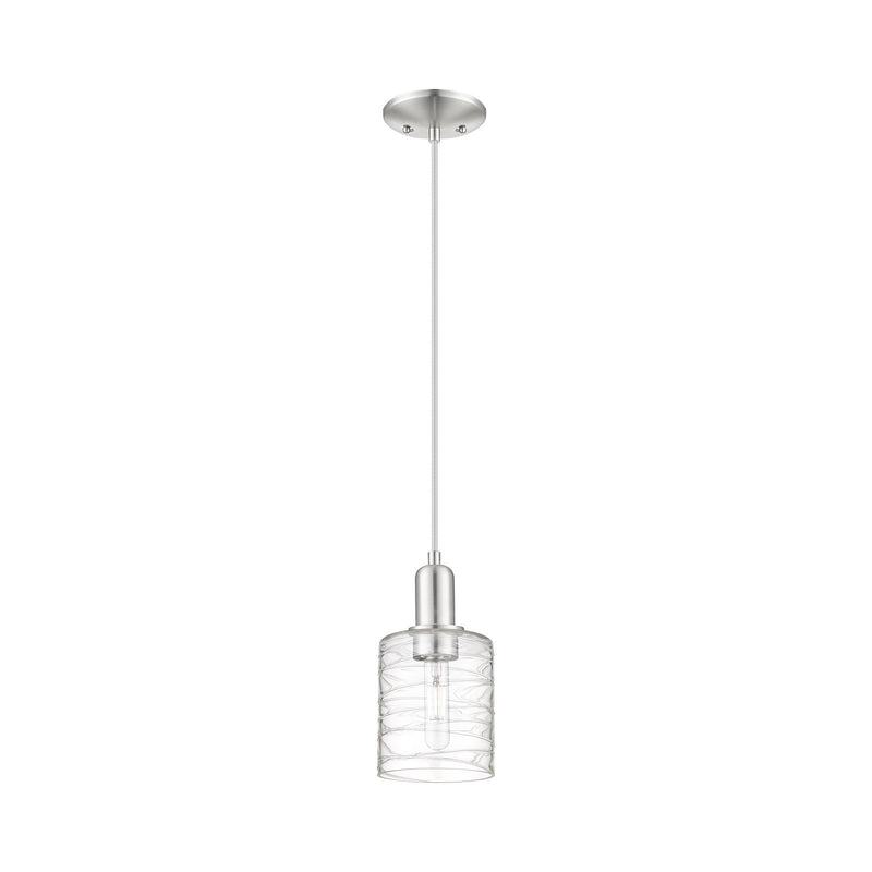 Innovations Cobbleskill 5in 1-Light Mini Pendant | Industrial Brushed Satin Nickel and Clear Deco Swirl Glass | Kitchen Island & | Model 716-1P-SN-G1113