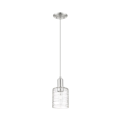Innovations Cobbleskill 5in 1-Light Mini Pendant | Industrial Brushed Satin Nickel and Clear Deco Swirl Glass | Kitchen Island & | Model 716-1P-SN-G1113