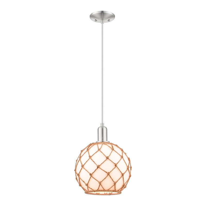 Innovations Farmhouse Rope 10in 1-Light Mini Pendant | Industrial Brushed Satin Nickel and Matte White Glass with Brown Rope | Model 716-1P-SN-G121-10RB