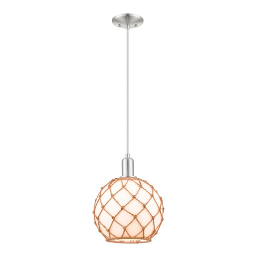 Innovations Farmhouse Rope 10in 1-Light Mini Pendant | Industrial Brushed Satin Nickel and Matte White Glass with Brown Rope | Model 716-1P-SN-G121-10RB