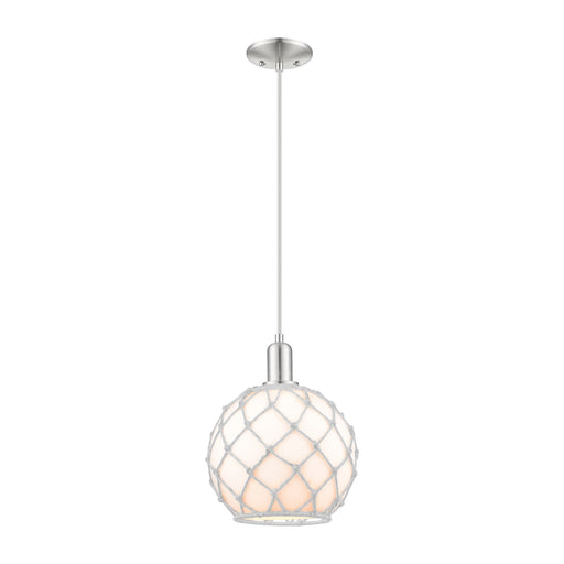 Innovations Farmhouse Rope 10in 1-Light Mini Pendant | Industrial Brushed Satin Nickel and White Glass with Rope | Kitchen | Model 716-1P-SN-G121-10RW