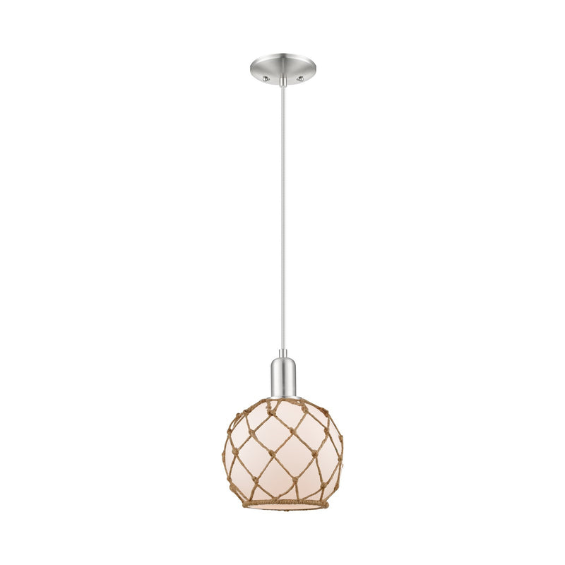 Innovations Farmhouse Rope 8in 1-Light Mini Pendant | Industrial Brushed Satin Nickel and White Glass with Brown Rope | Kitchen | Model 716-1P-SN-G121-8RB