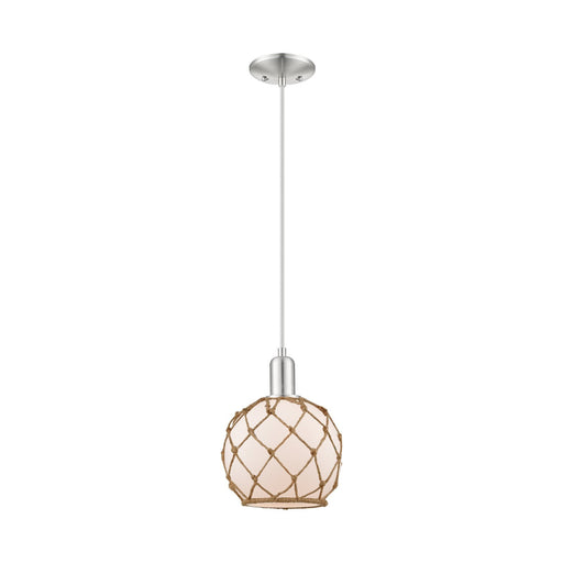Innovations Farmhouse Rope 8in 1-Light Mini Pendant | Industrial Brushed Satin Nickel and White Glass with Brown Rope | Kitchen | Model 716-1P-SN-G121-8RB