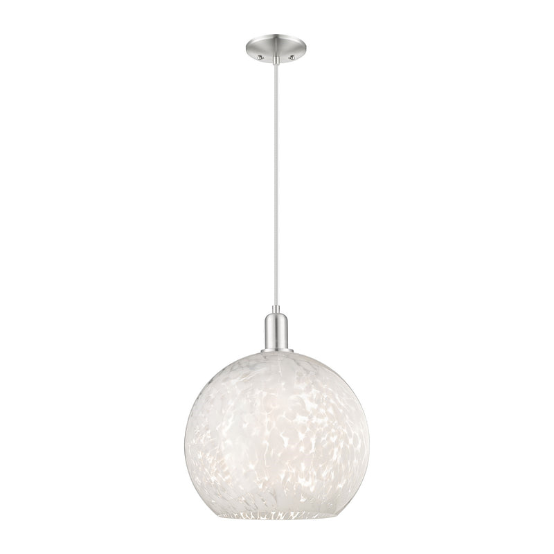 Innovations Lighting White Mouchette 14in 1-Light Mini Pendant | Industrial Brushed Satin Nickel and White Mouchette Glass | Model 716-1P-SN-G1216-14WM