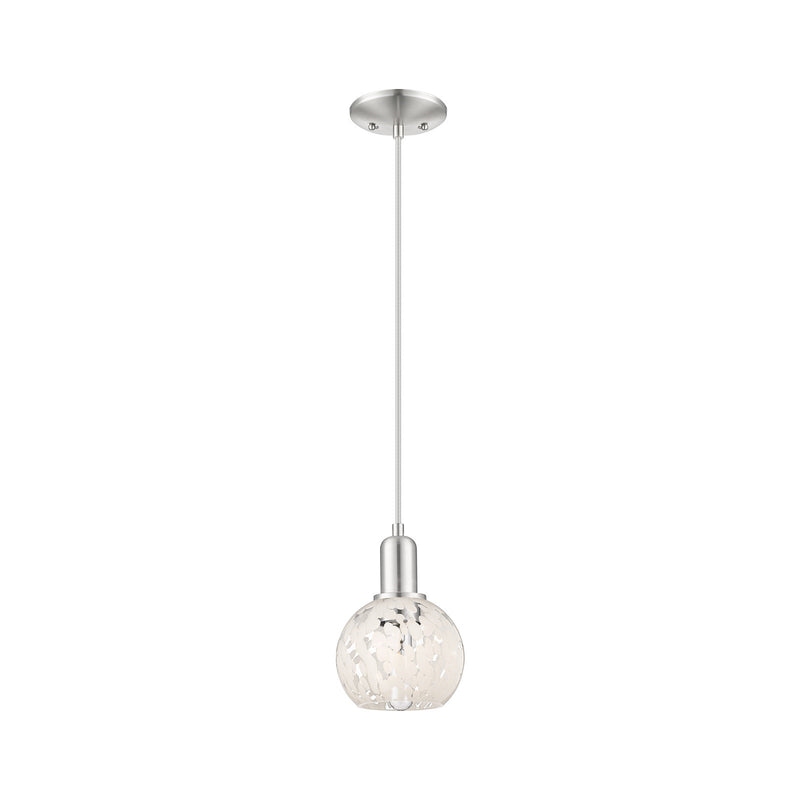 Innovations Lighting White Mouchette 6in 1-Light Mini Pendant | Industrial Brushed Satin Nickel and White Mouchette Glass | Model 716-1P-SN-G1216-6WM