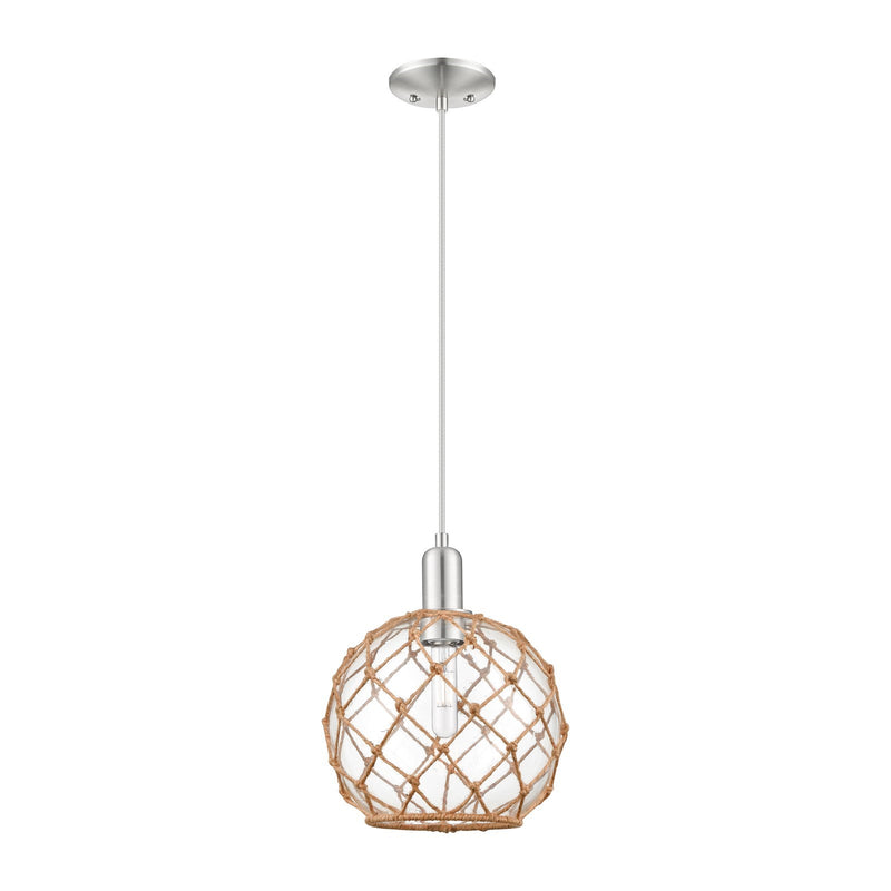 Innovations Farmhouse Rope 10in 1-Light Mini Pendant | Industrial Brushed Satin Nickel and Clear Glass with Brown Rope | Model 716-1P-SN-G122-10RB