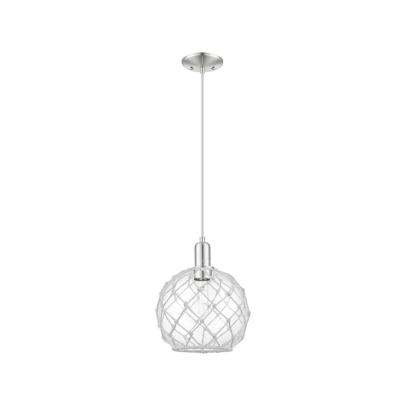 Innovations Farmhouse Rope 10in 1-Light Mini Pendant | Industrial Brushed Satin Nickel Steel and Clear Glass with White Rope | Model 716-1P-SN-G122-10RW