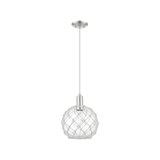Innovations Farmhouse Rope 10in 1-Light Mini Pendant | Industrial Brushed Satin Nickel Steel and Clear Glass with White Rope | Model 716-1P-SN-G122-10RW