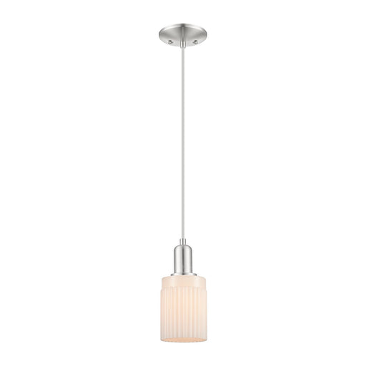 Innovations Hadley 1-Light Mini Pendant | Industrial Brushed Satin Nickel and Matte White Ribbed Glass | Kitchen Island & Dining | Model 716-1P-SN-G341