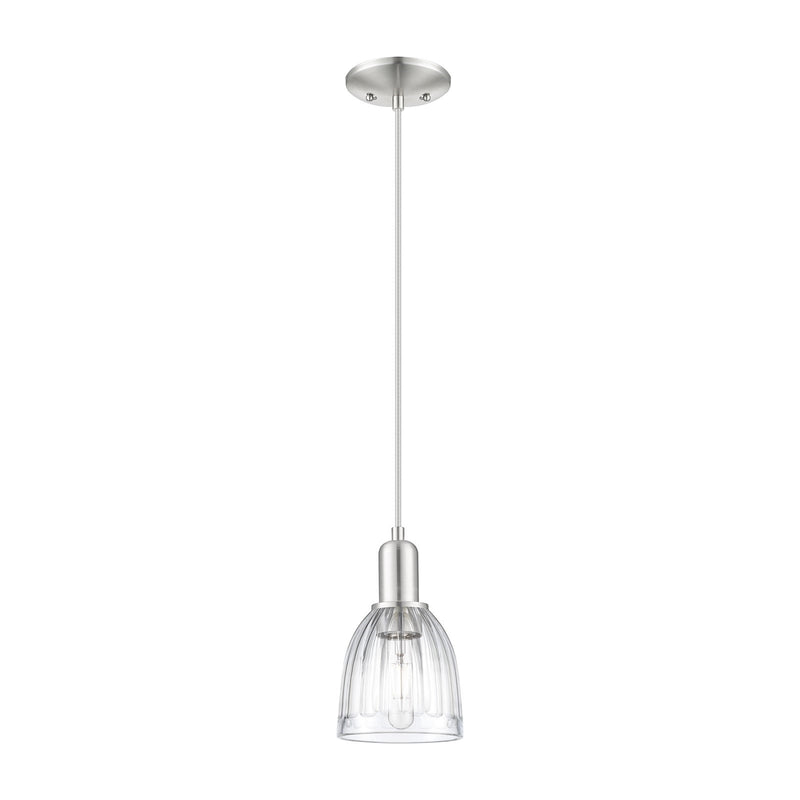 Innovations Brookfield 6in 1-Light Mini Pendant | Industrial Brushed Satin Nickel Steel and Clear Ribbed Glass | Kitchen Island & | Model 716-1P-SN-G442