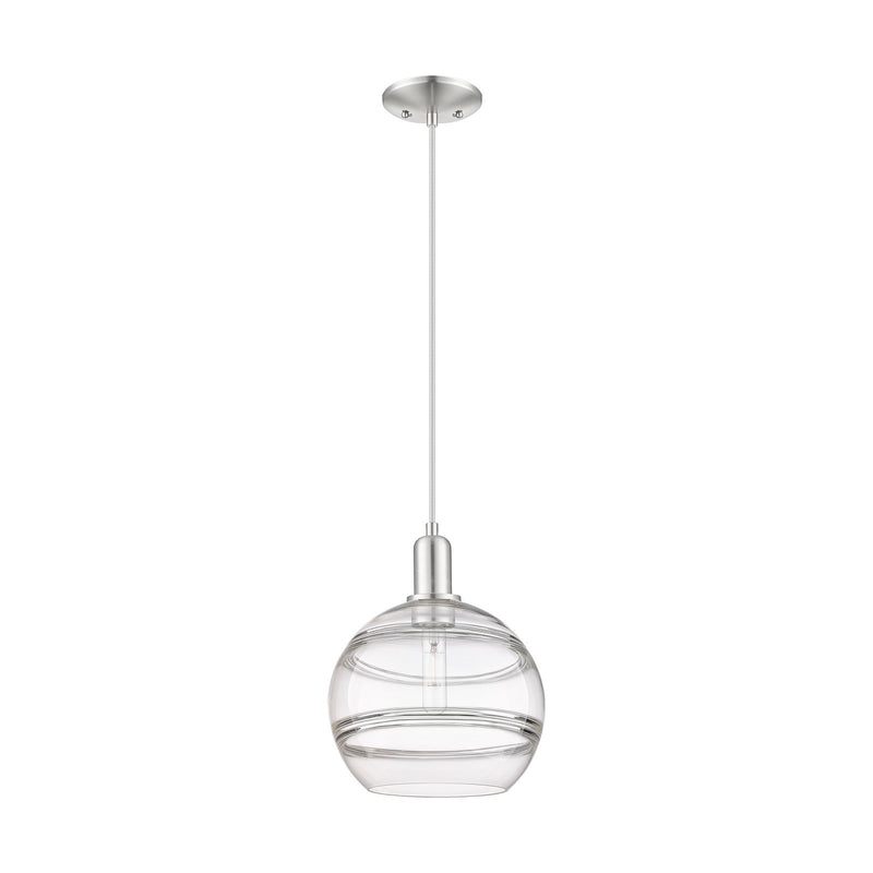 Innovations Rochester 10in 1-Light Mini Pendant | Industrial Brushed Satin Nickel Steel and Clear Glass | Kitchen Island & | Model 716-1P-SN-G556-10CL